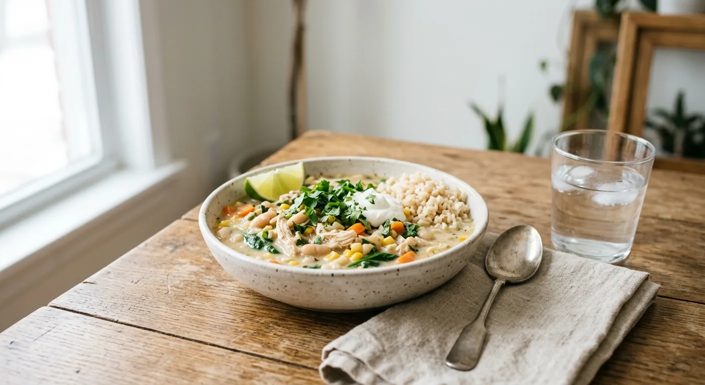 Chili blanc de poulet aux haricots blancs et maïs, riz complet