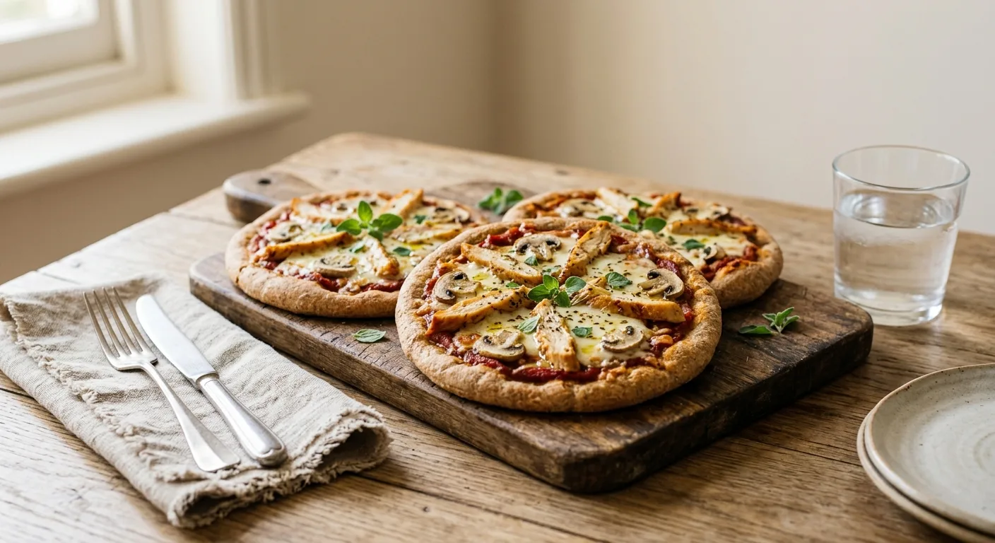 Pizza maison à pâte complète, poulet, champignons et mozzarella
