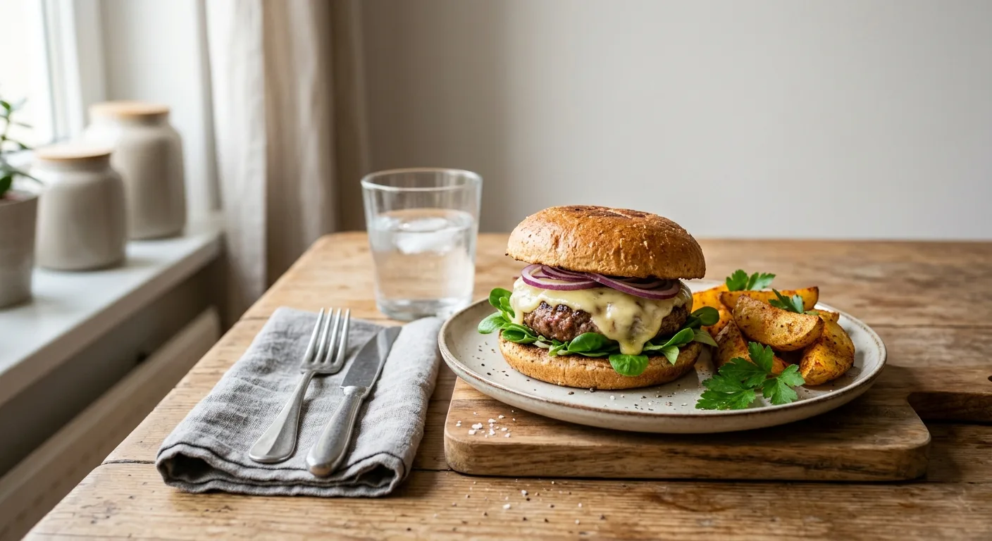 Burger maison au bœuf et à l'emmental, potatoes au paprika