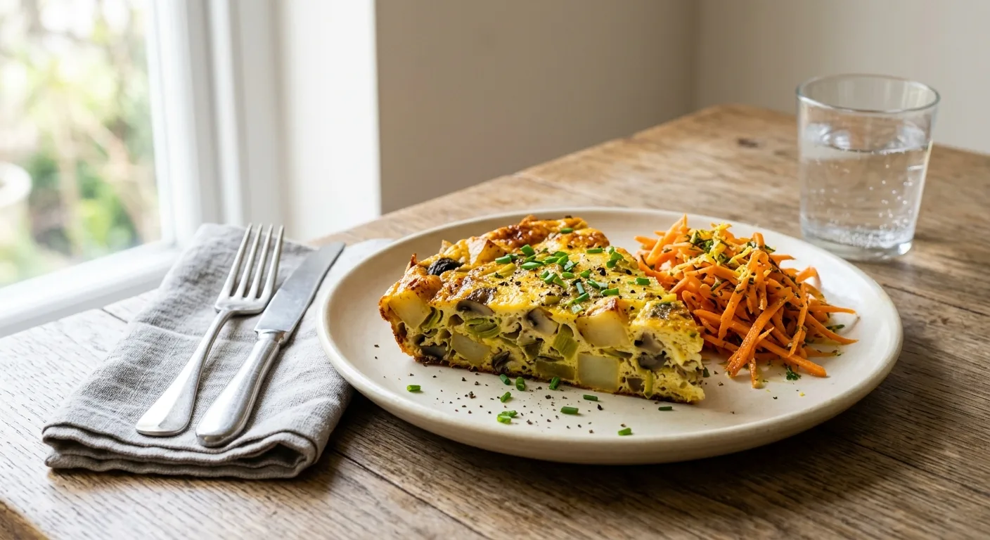 Frittata de poireaux, champignons et pommes de terre, carottes râpées