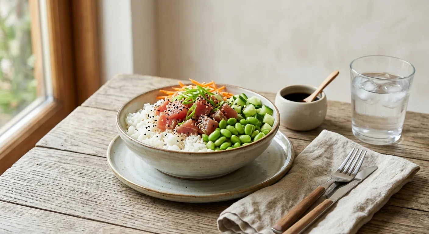 Bol de riz au thon, concombre, edamame et sauce soja-sésame