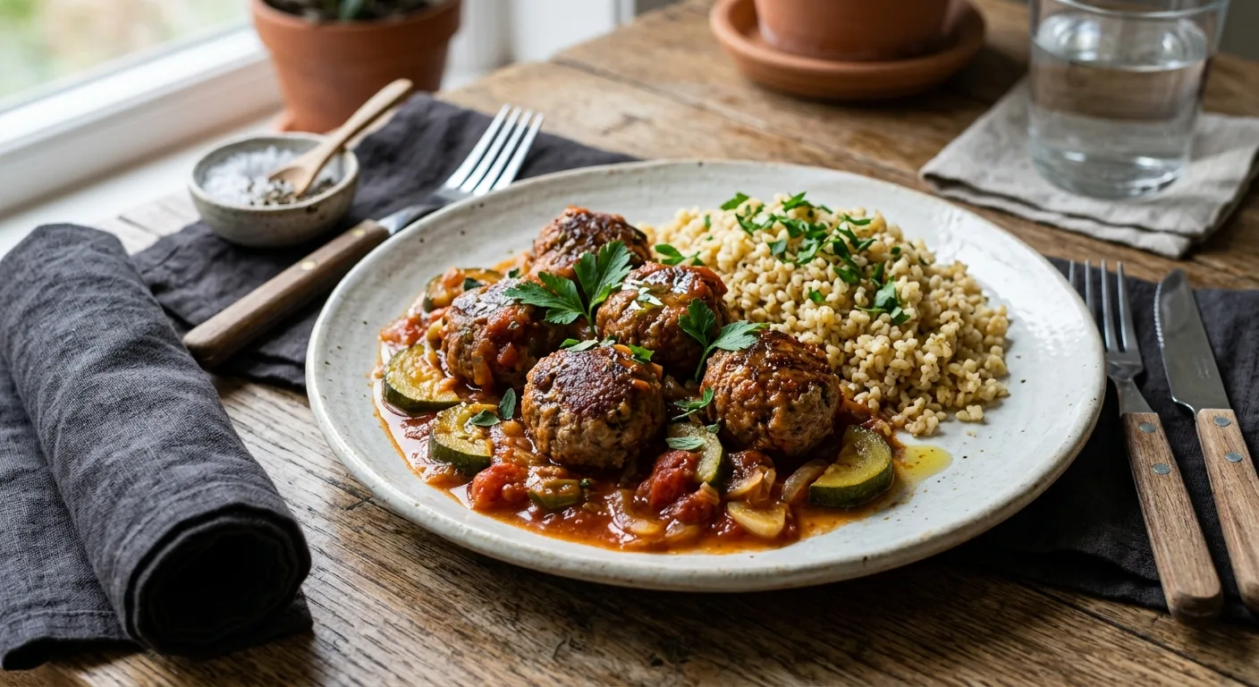 Boulettes d'agneau aux épices, sauce tomate et boulgour