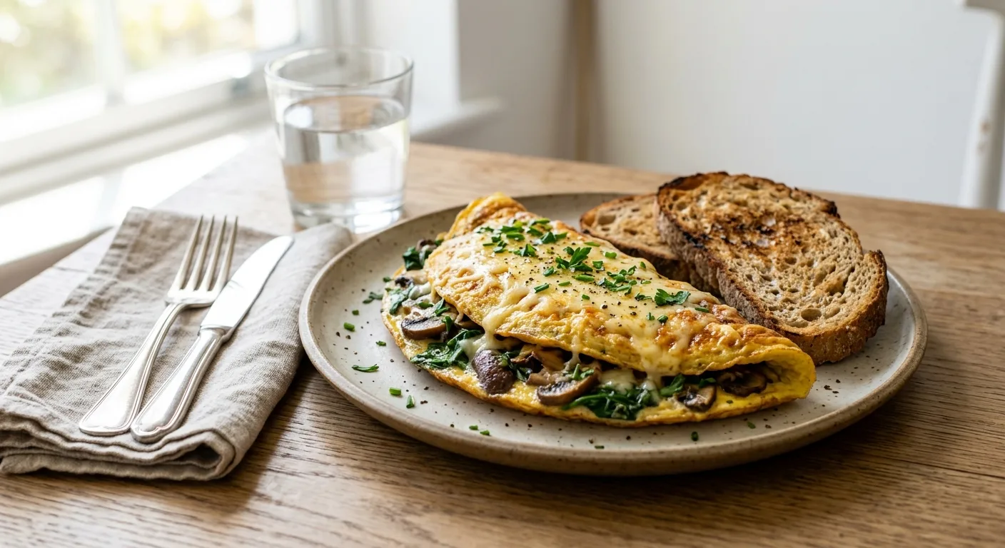 Omelette moelleuse aux champignons, épinards et emmental, pain complet