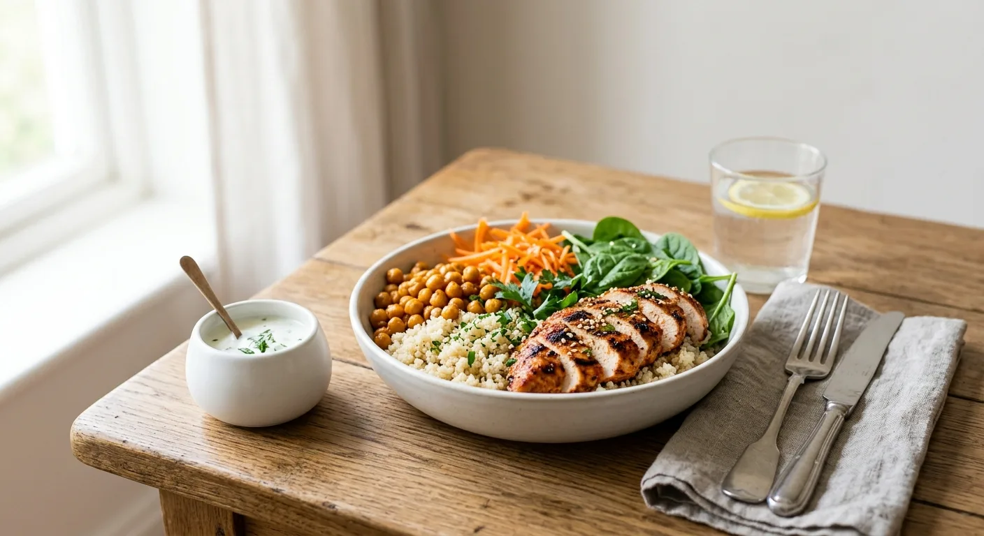 Bol de quinoa au poulet grillé, pois chiches, épinards et sauce yaourt-citron
