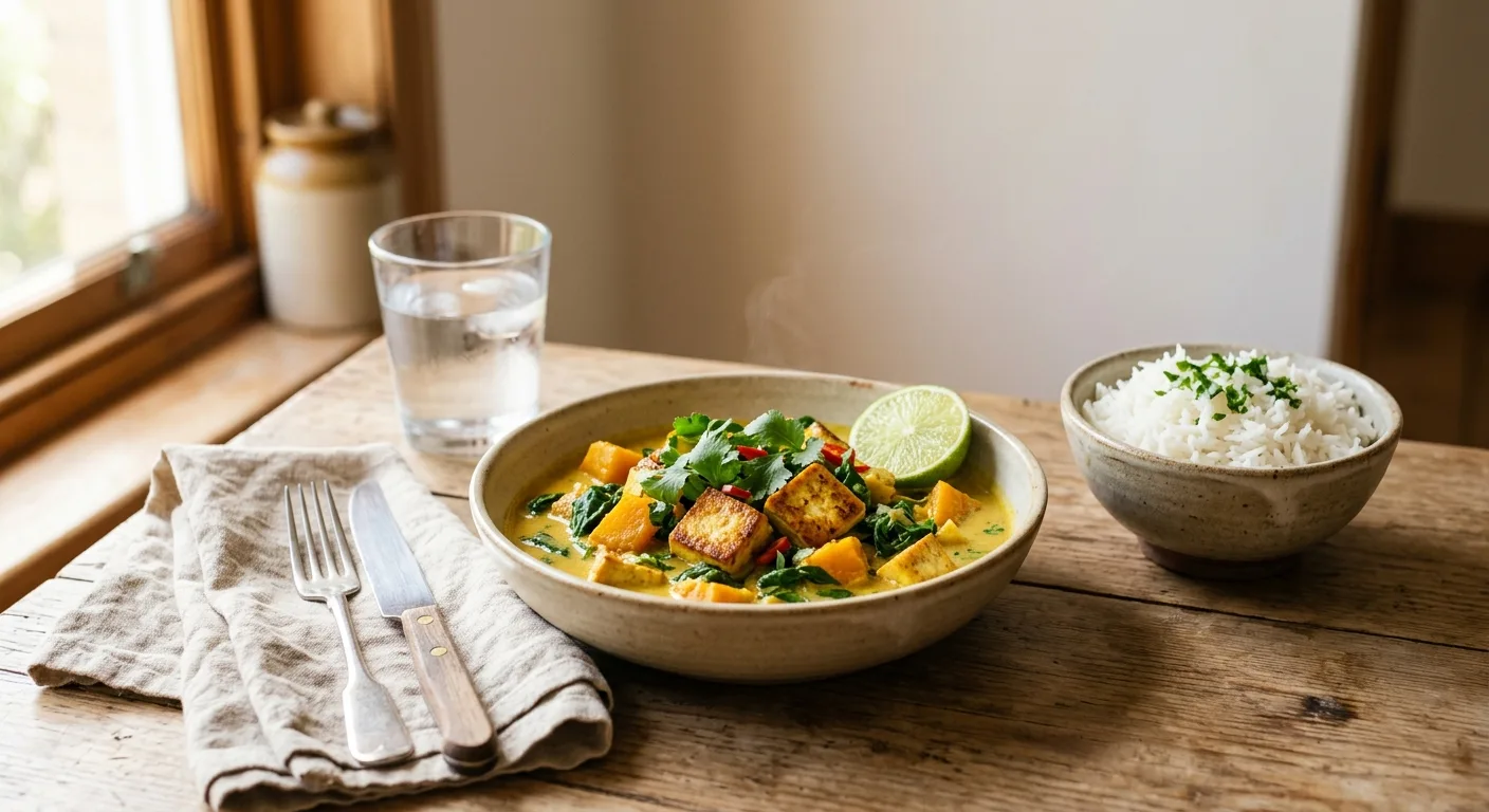 Curry de tofu au potiron et coco, riz basmati