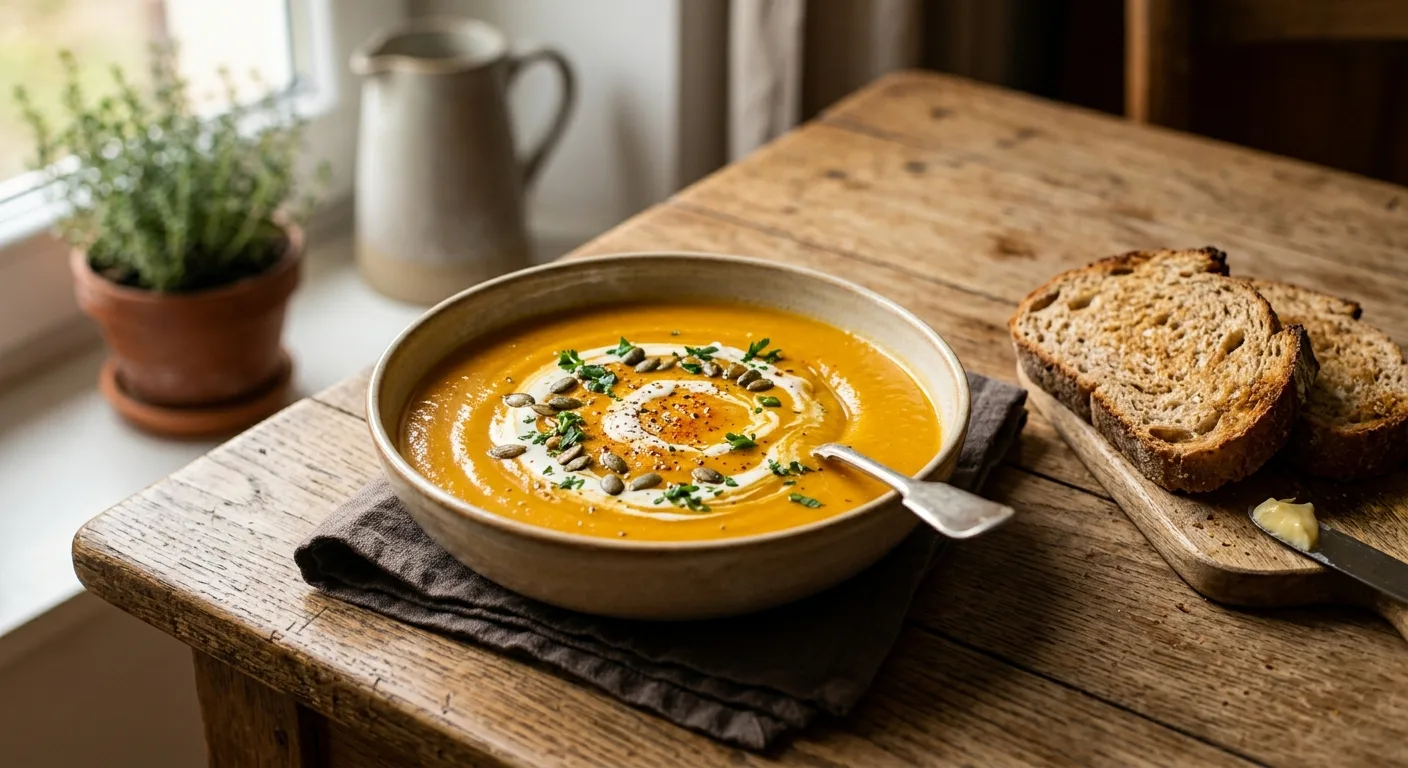 Soupe de potiron aux lentilles et pain complet