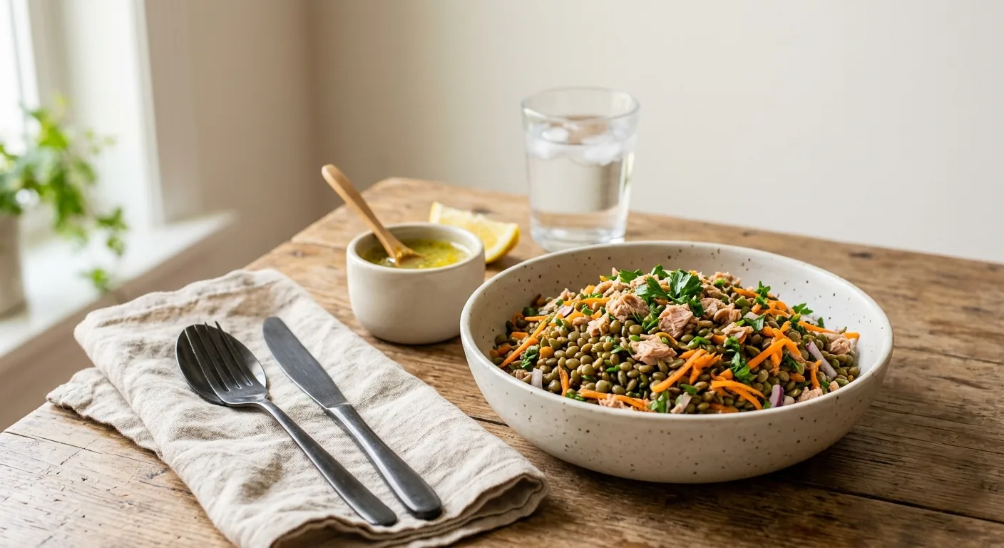 Salade de lentilles vertes au thon, carottes râpées et persil