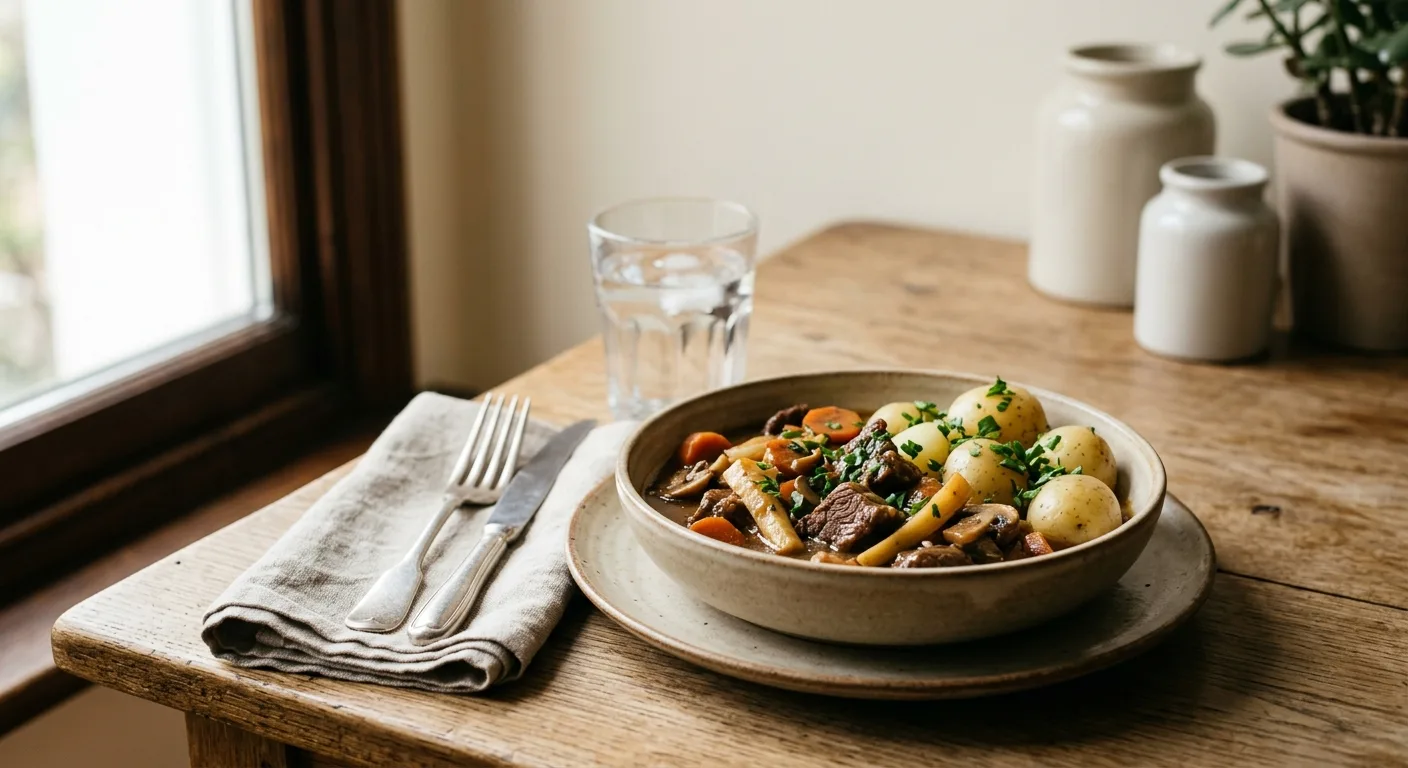 Bœuf mijoté aux carottes, panais et champignons, pommes de terre vapeur