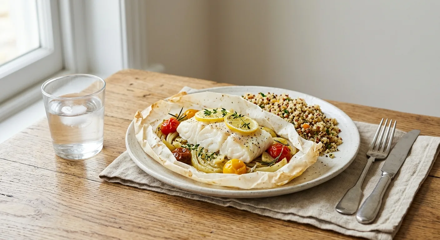 Cabillaud en papillote, fenouil, citron et quinoa
