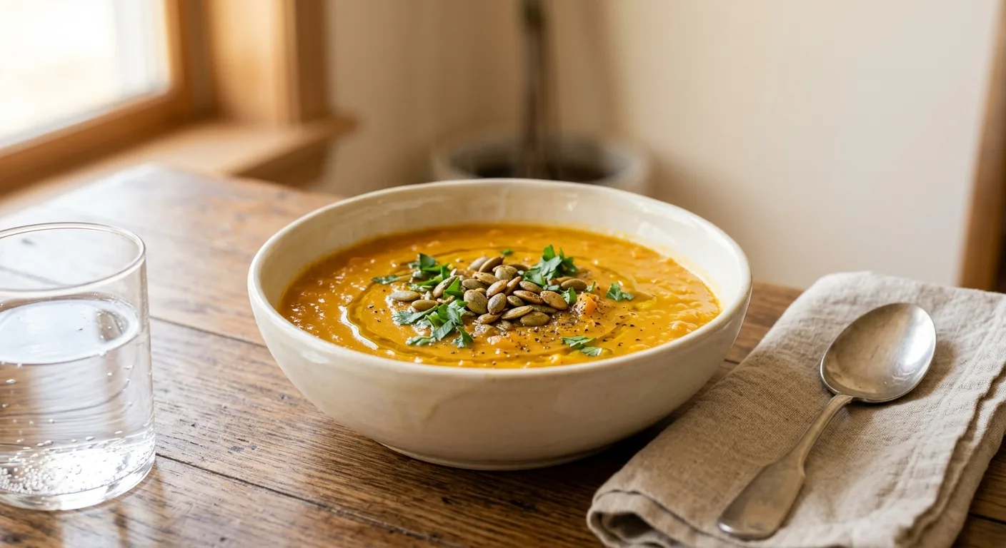 Soupe complète de lentilles corail, potiron et carottes au robot, graines de courge grillées
