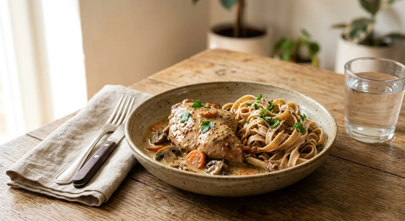 Lapin à la moutarde, tagliatelles complètes