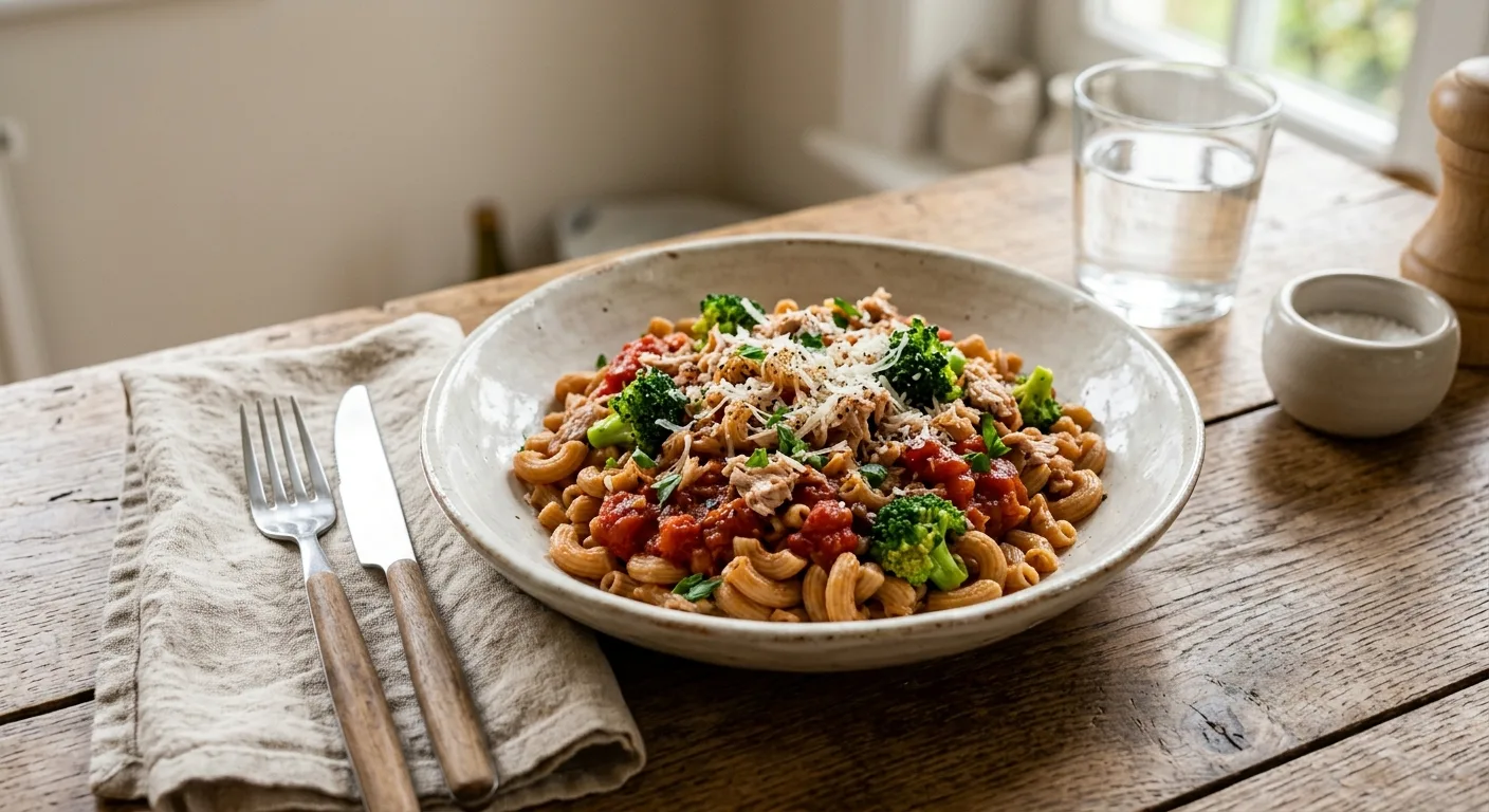 Coquillettes complètes au thon, brocoli et sauce tomate au robot