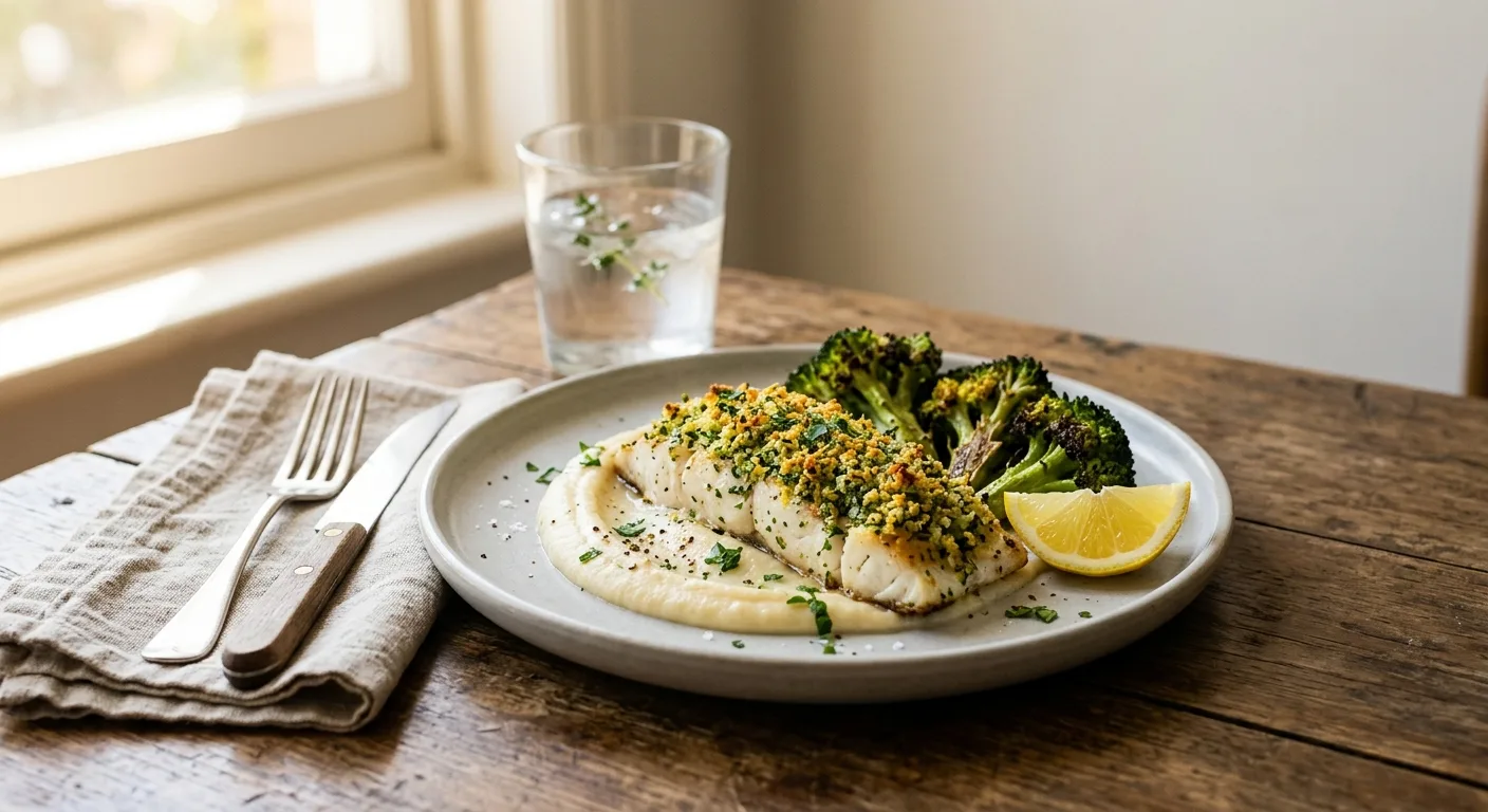 Merlu en croûte de persil à l'air fryer, purée de panais au robot et brocoli rôti
