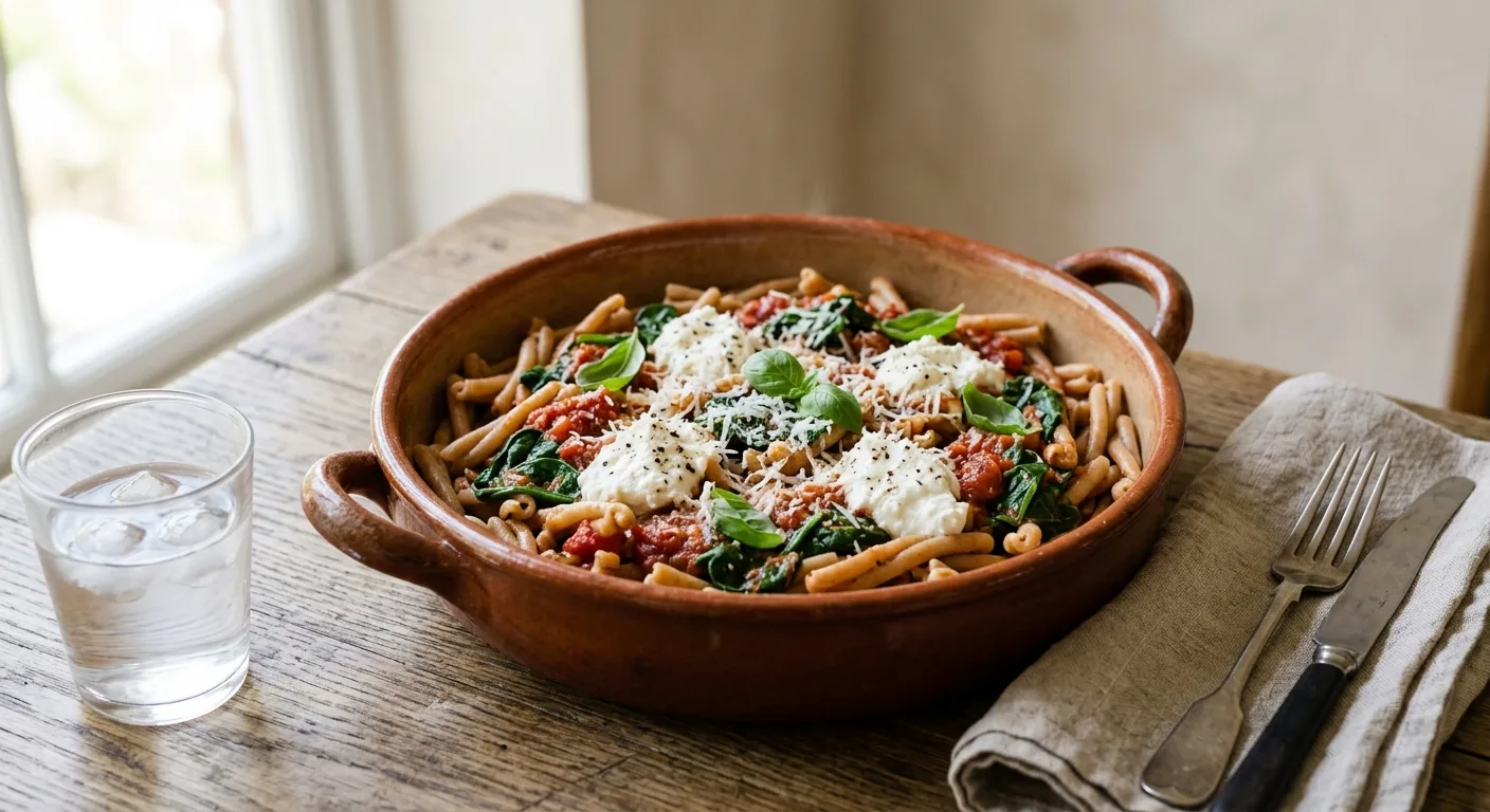 Pâtes complètes en une casserole, tomate, épinards et ricotta
