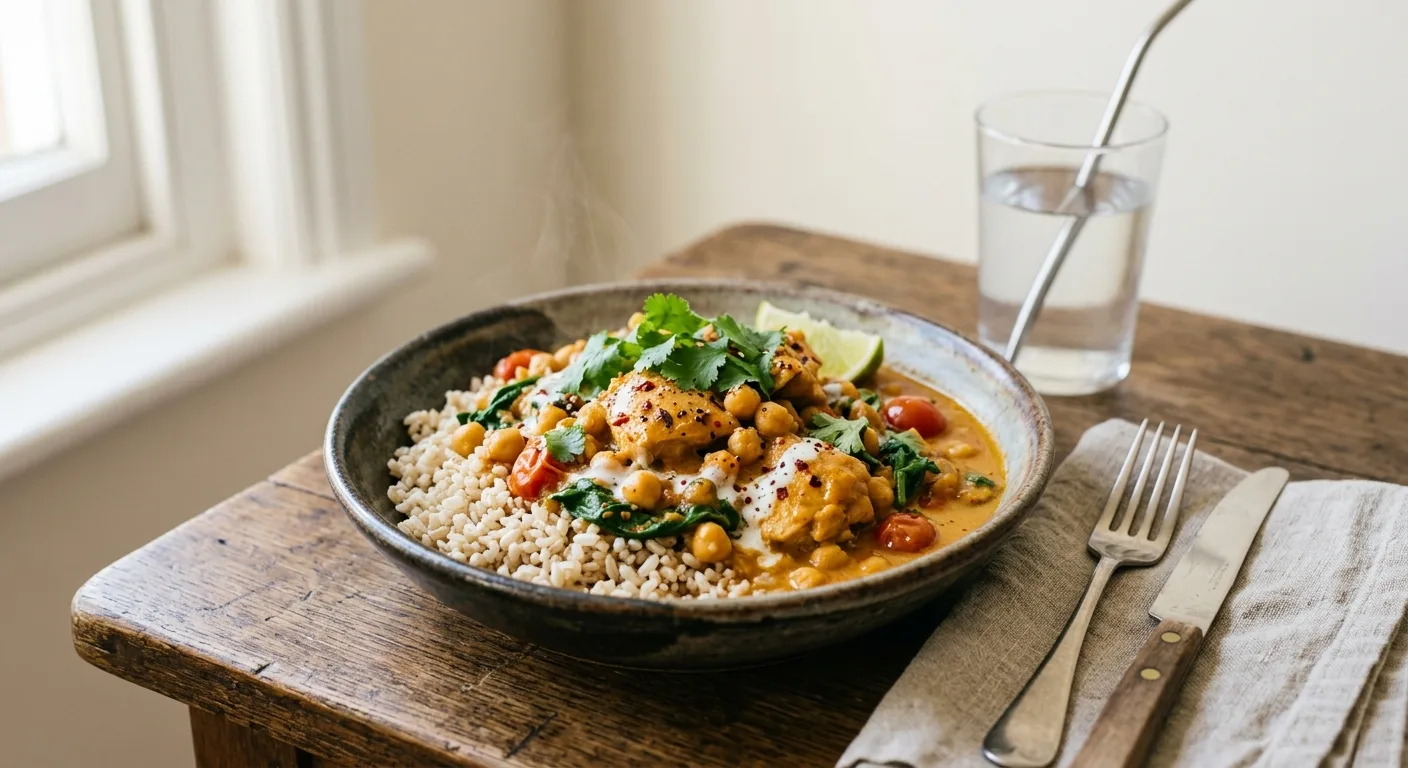 Curry de poulet aux pois chiches et épinards, riz complet