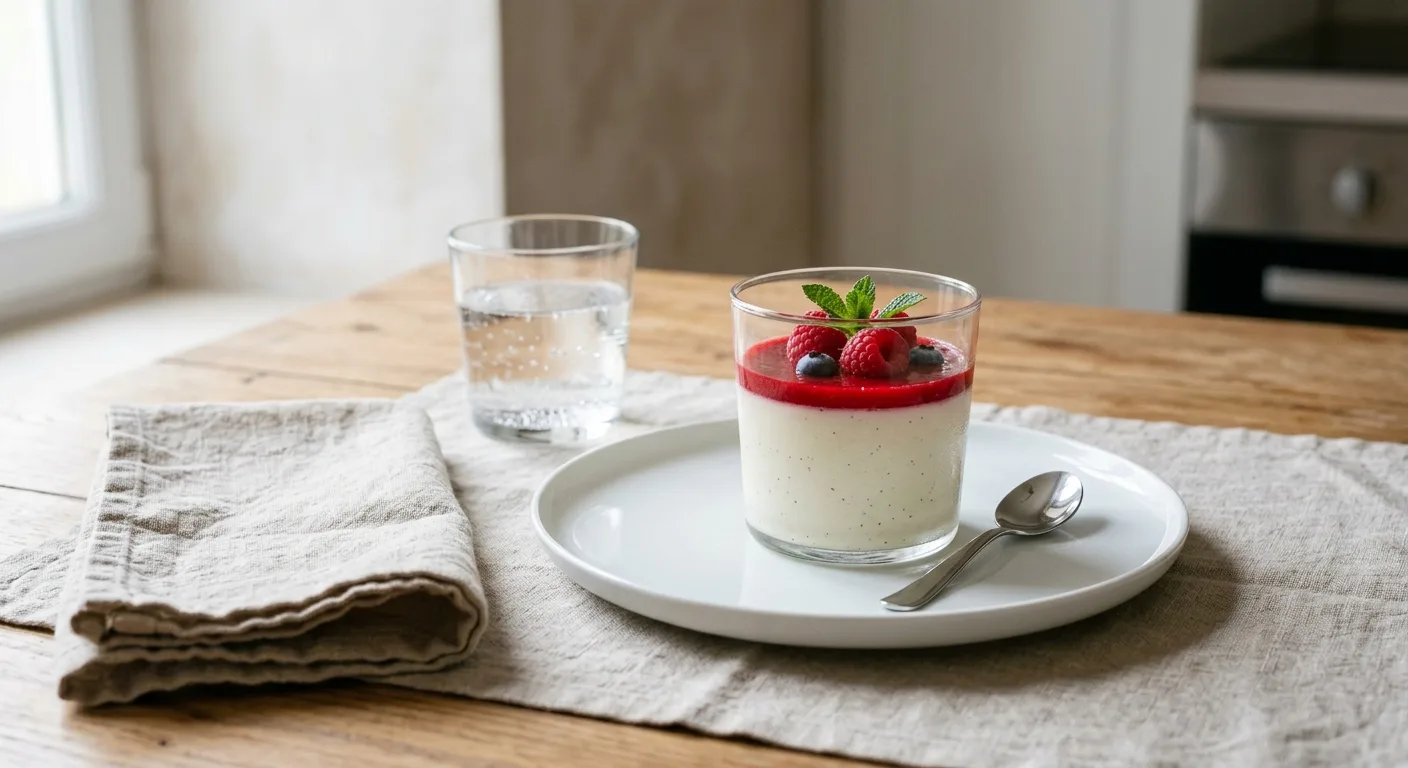 Panna cotta à la vanille, coulis de framboises