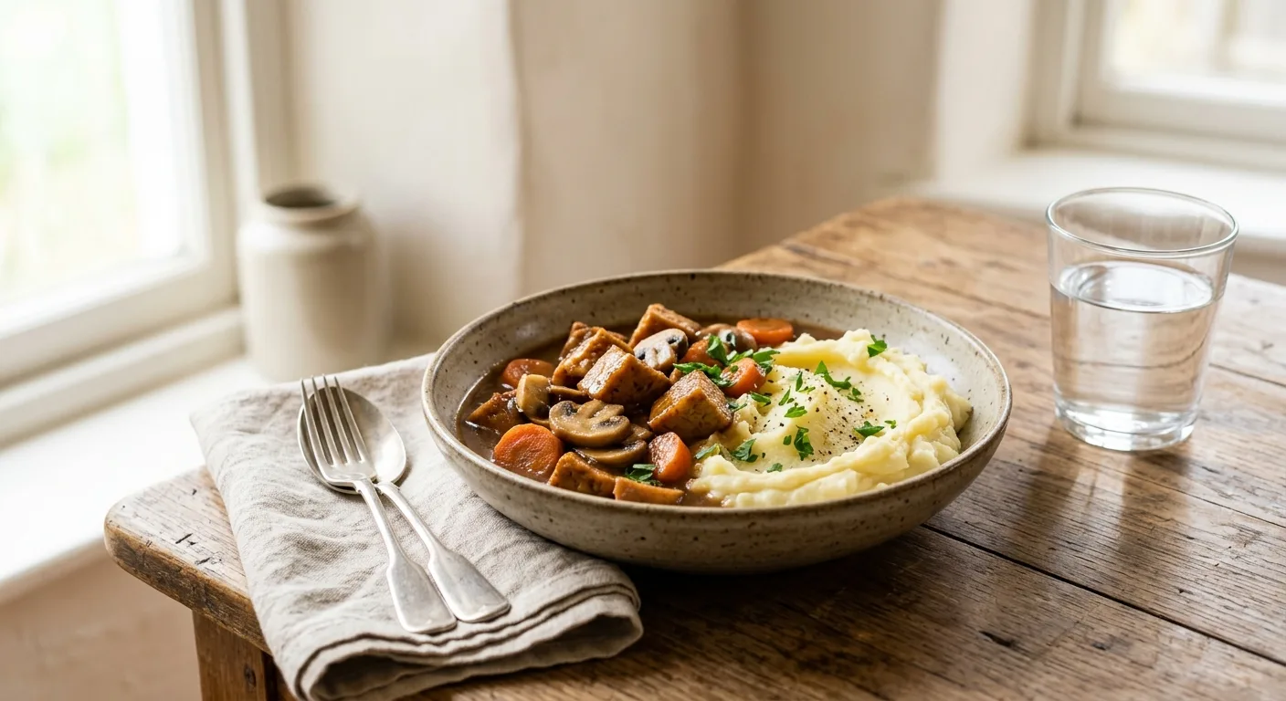 Ragoût de seitan aux champignons et carottes, purée