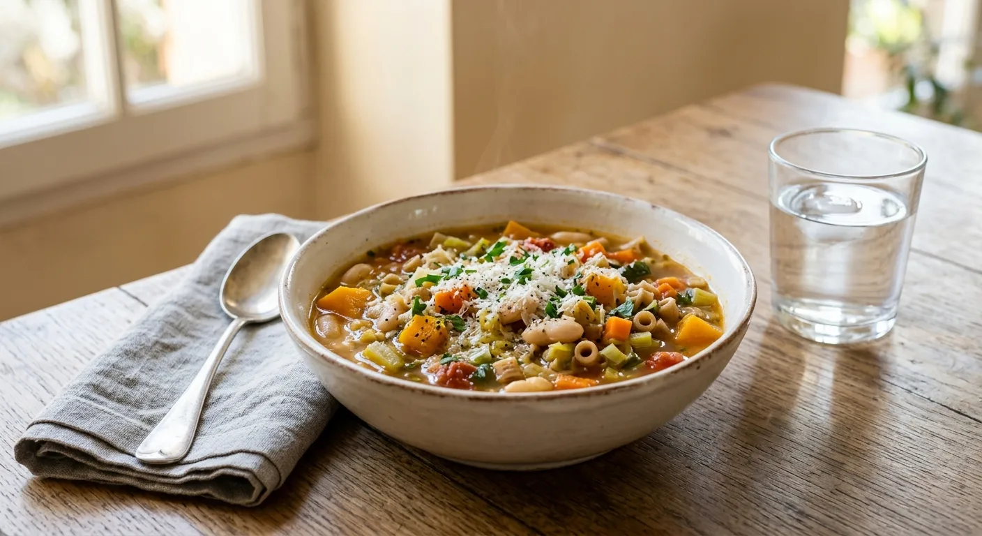 Minestrone aux haricots blancs, potiron et coquillettes complètes