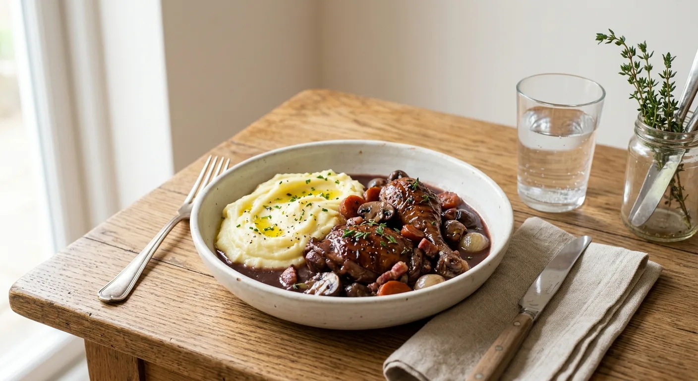 Poulet façon coq au vin aux champignons, purée