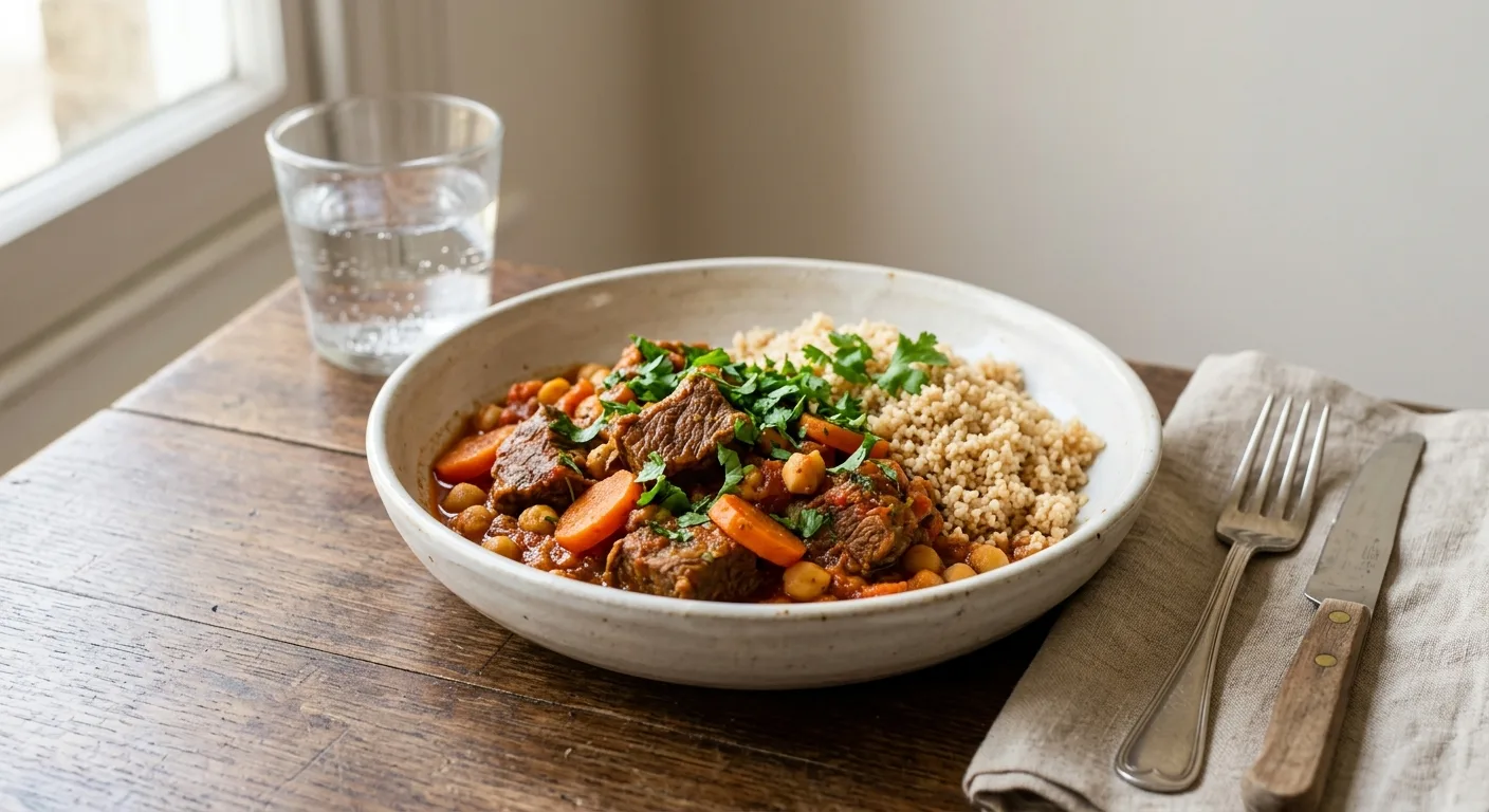 Bœuf mijoté aux carottes, pois chiches et cumin au robot, semoule complète