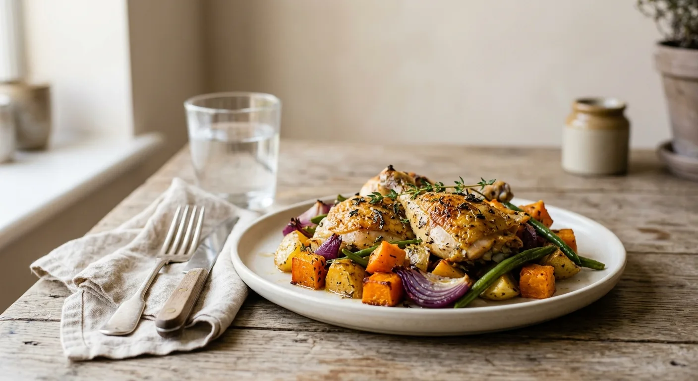 Poulet rôti au thym, potiron et pommes de terre au four