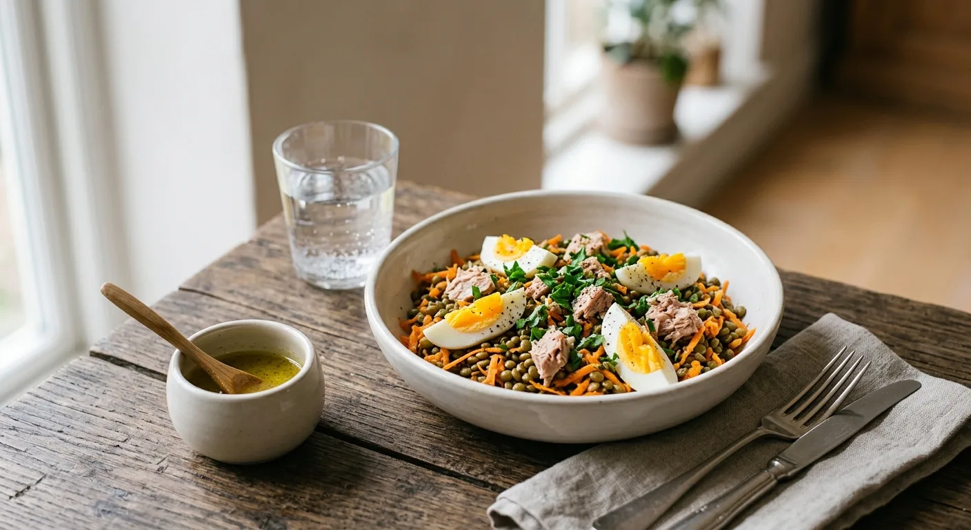 Salade tiède de lentilles vertes au thon, œuf dur et carottes râpées