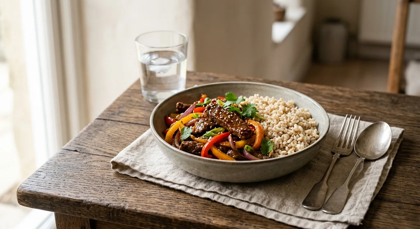 Bœuf sauté aux poivrons et oignons, riz complet