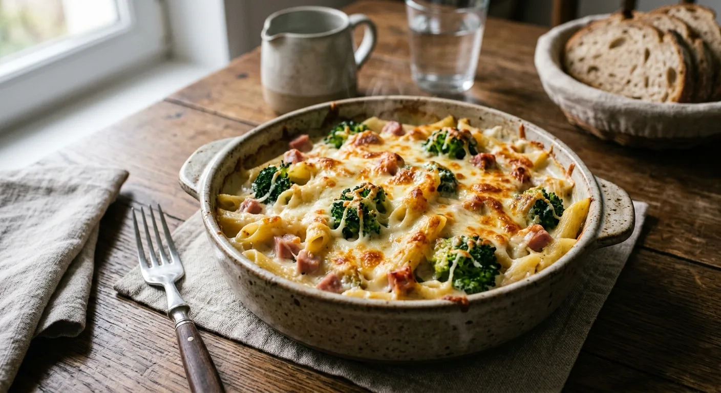 Gratin de pâtes au jambon et brocoli