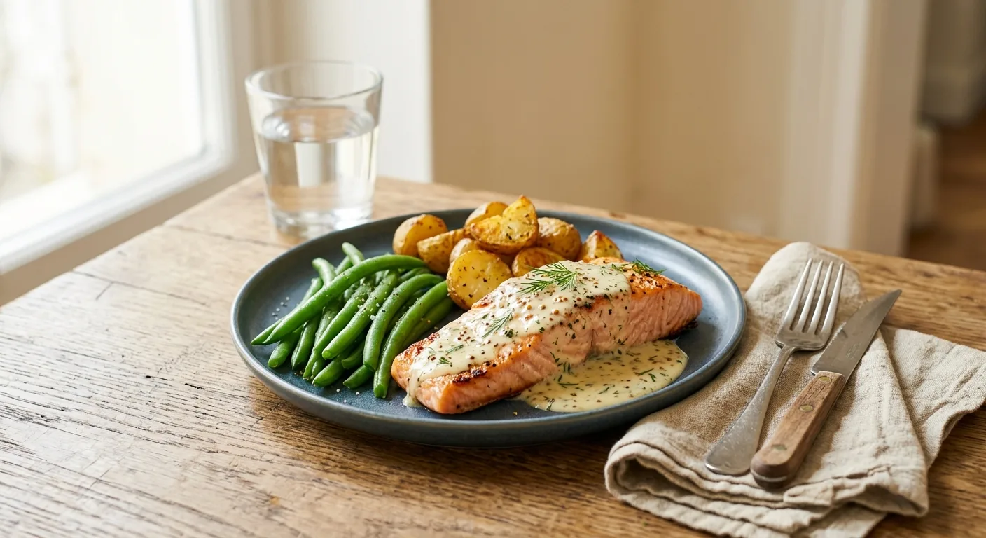 Saumon sauce moutarde-aneth, haricots verts et grenailles
