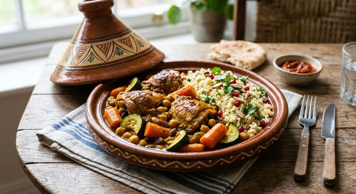 Tajine de poulet aux pois chiches et semoule