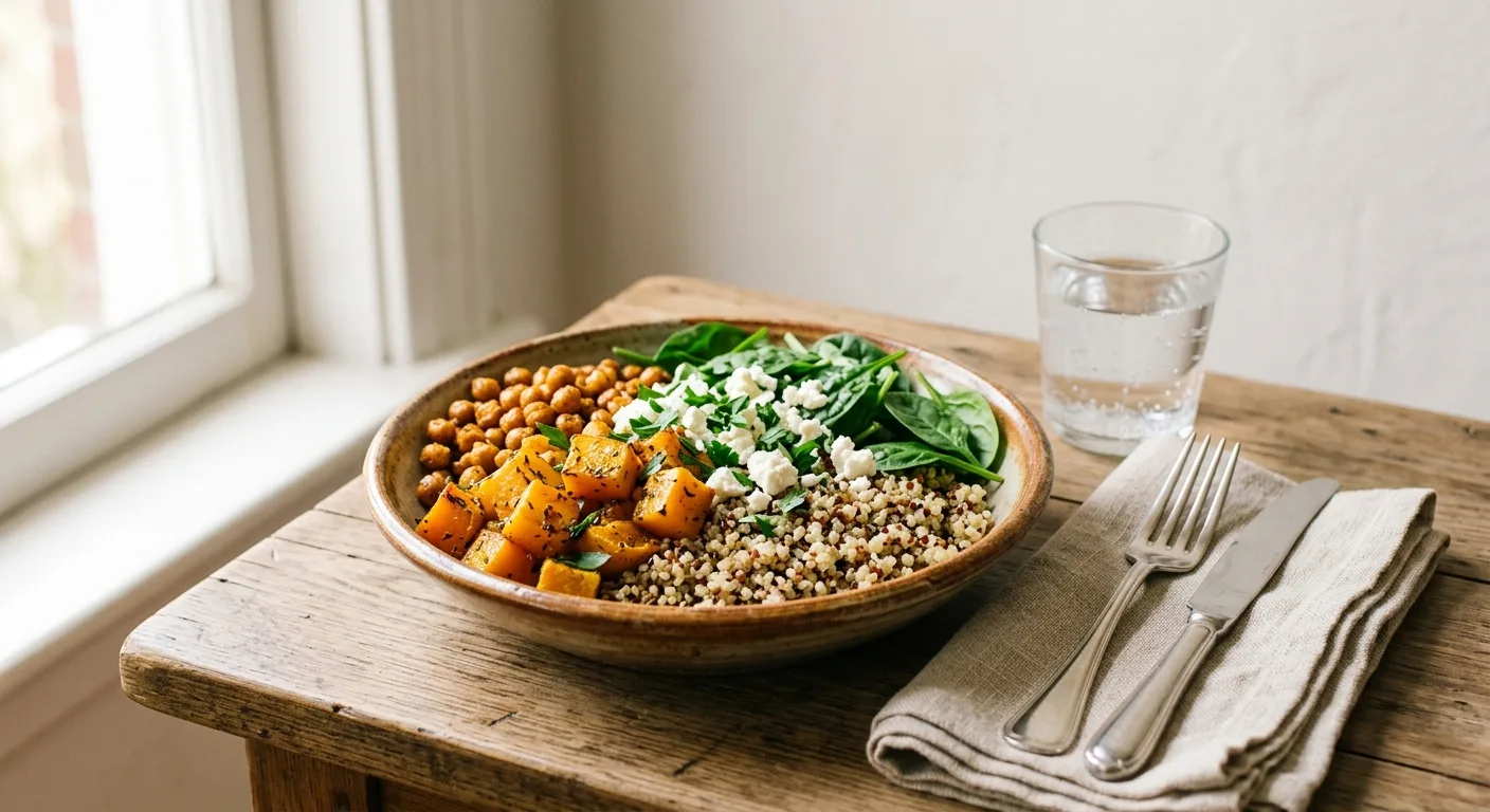 Bol de quinoa, butternut et pois chiches rôtis à l'air fryer, feta et pousses d'épinard