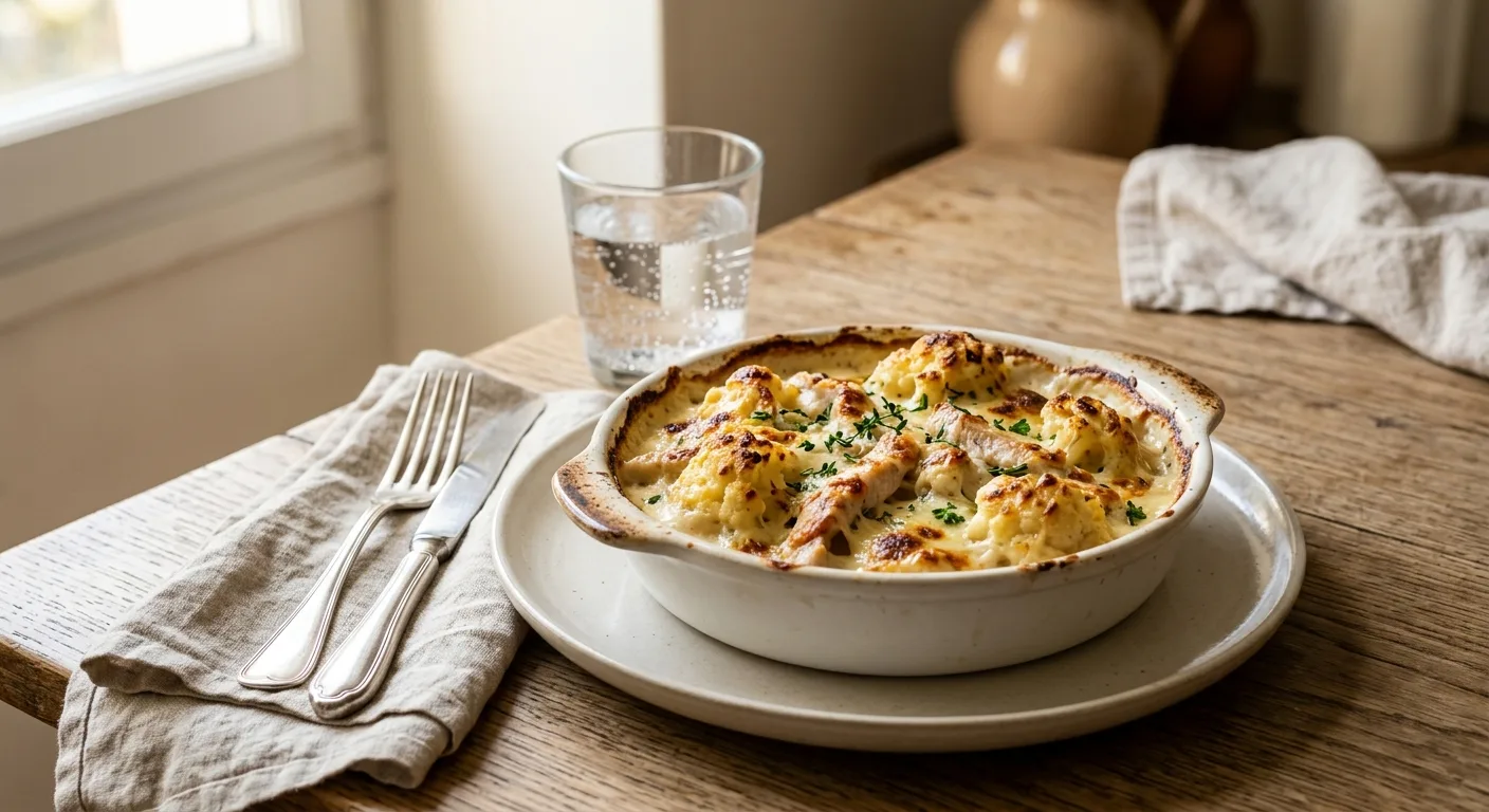 Gratin de chou-fleur à la dinde, béchamel au comté