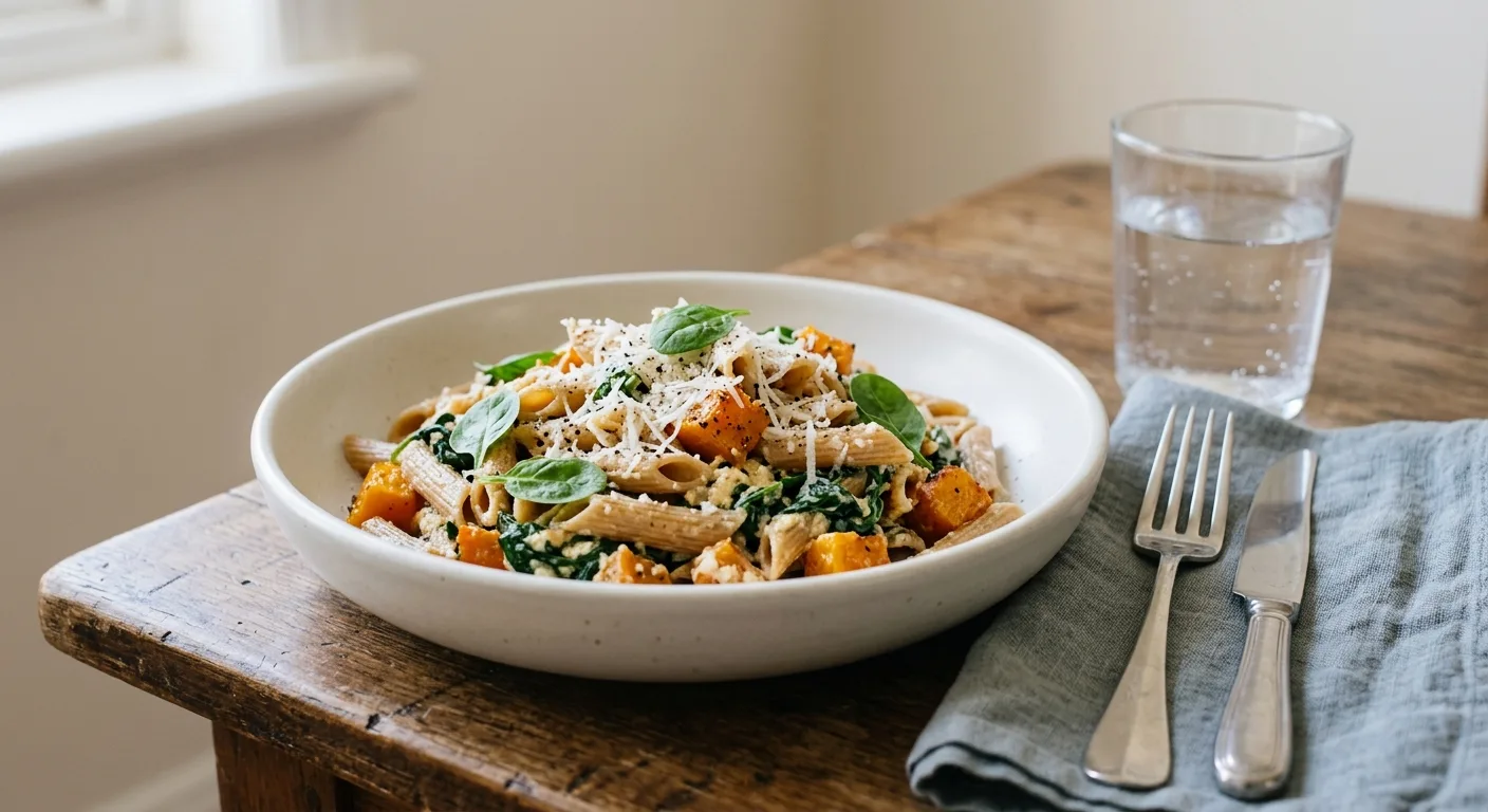 Penne complètes au potiron rôti, épinards et ricotta