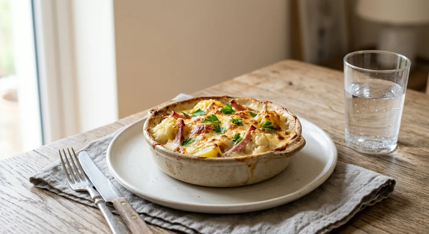 Gratin de chou-fleur, pommes de terre et jambon, béchamel légère au robot