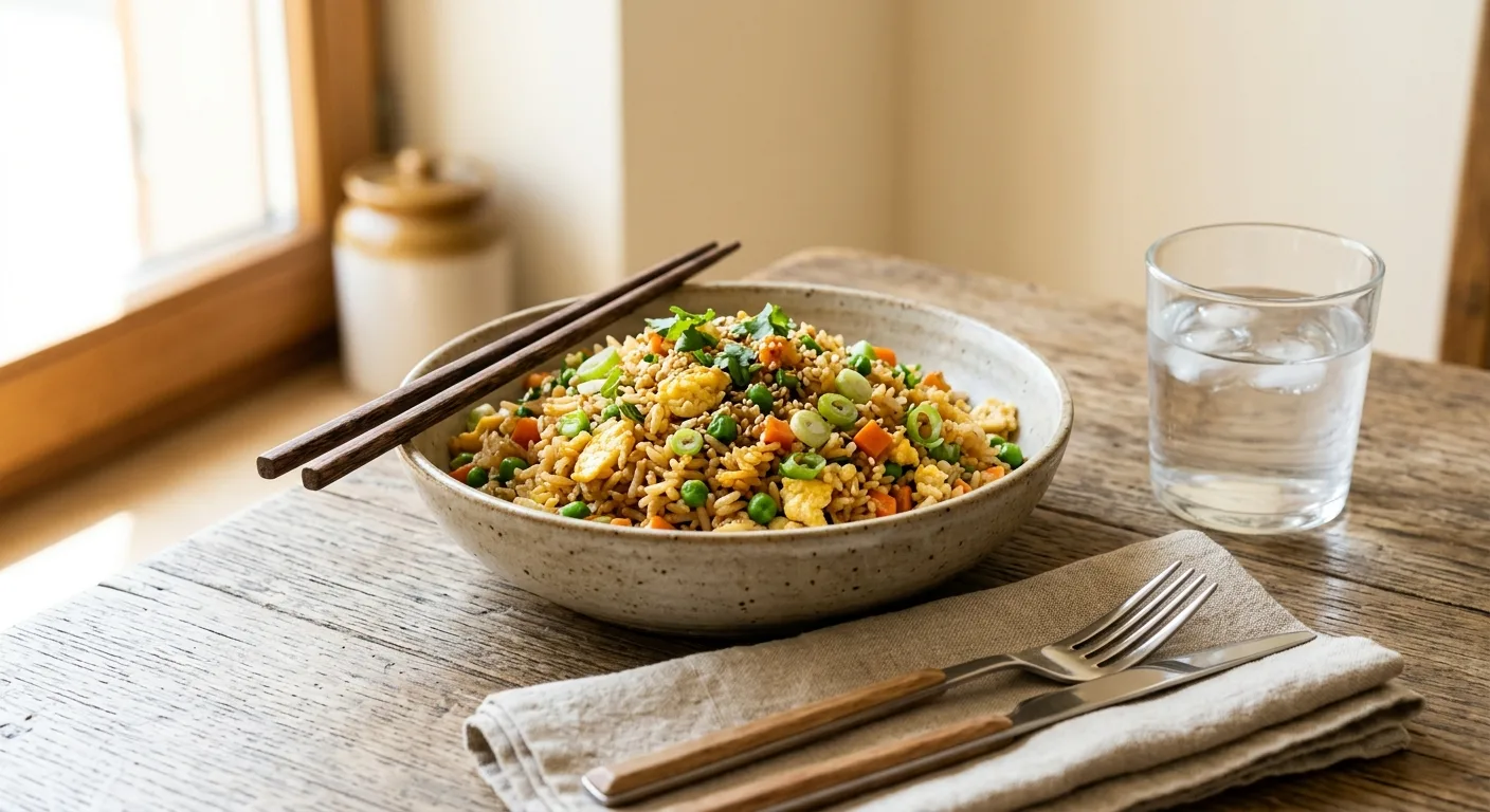 Riz sauté aux œufs, petits pois et carottes